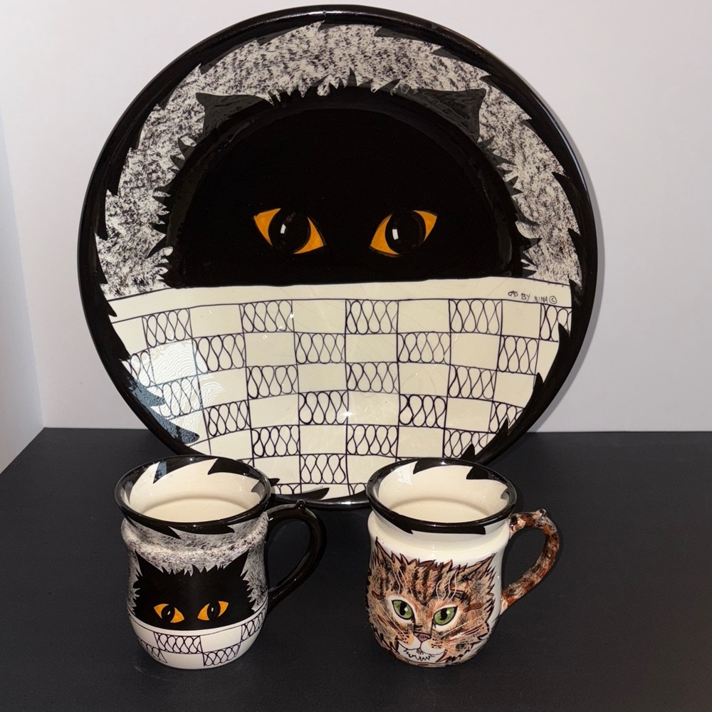 Cats By Nina Black And Ginger Cats Ceramic Plate Bowl and Mugs Set
